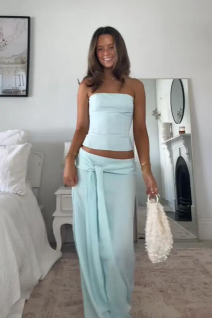 Ensemble de jupes fines unies pour femme, haut moulant sans bretelles à lacets et jupe droite taille