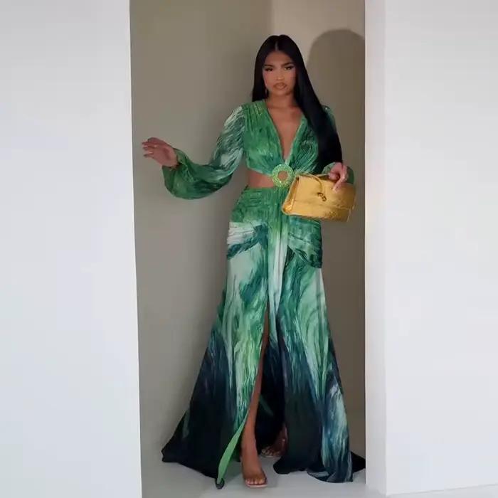 Ensemble 2 pièces jupe fendue pour femmes, costume de plage, haut imprimé, jupes longues, longueur a