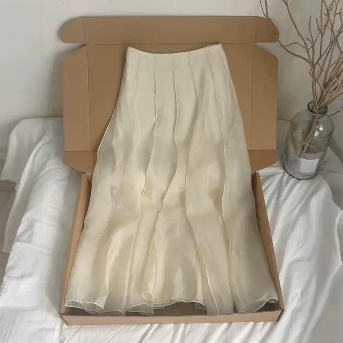 Recommandation de niveau Chao! Jupe mi-longue plissée trapèze abricot avec bordure en dentelle taill
