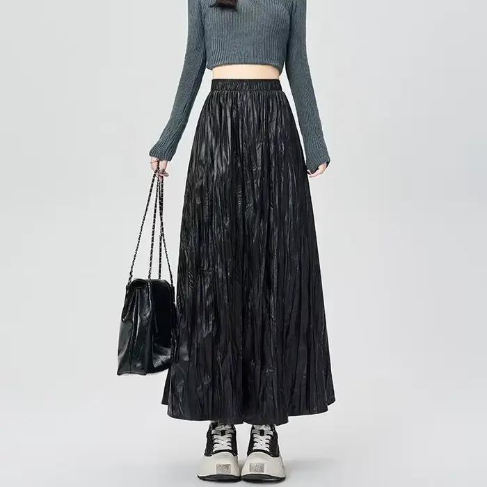 Jupes plissées en cuir Pu pour femmes, taille haute, ligne a fine, couleur unie, mode coréenne, nouv