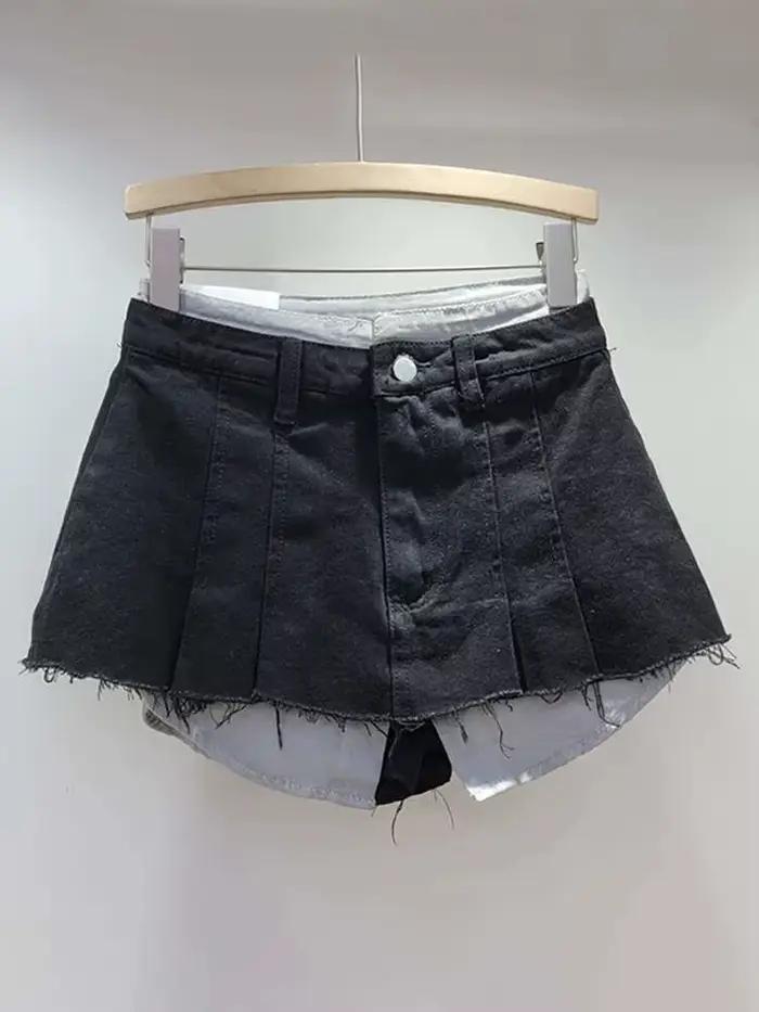 DEAT femmes jupe en jean taille haute plissée Patchwork couleur contrastée grandes poches bavures a-