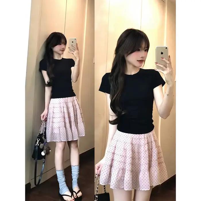 Jupe rose à pois en gaze pour femme, modèle unique, petite jupe élégante et ludique pour le début de