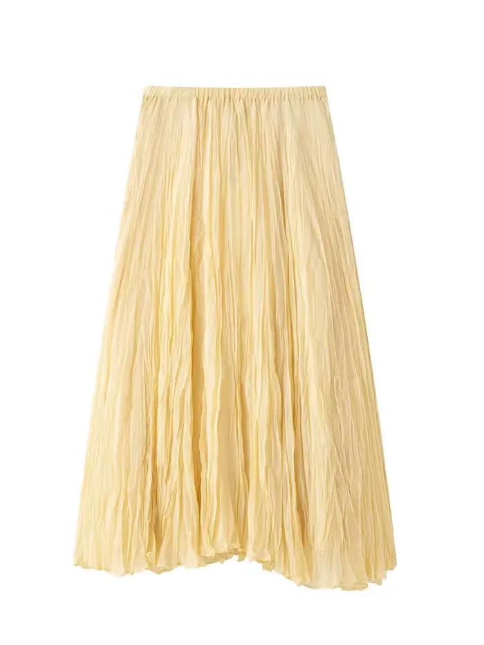 Couleur unie plis jupe longue femmes été nouvelle taille haute élastique Chic élégant a-ligne Faldas