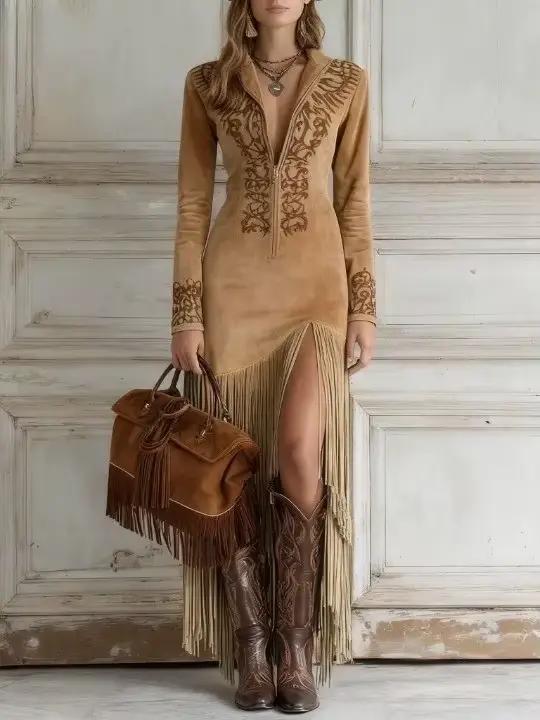 Robe longue à fermeture éclair de style ethnique rétro pour femme, jupe midi, tenue décontractée pou