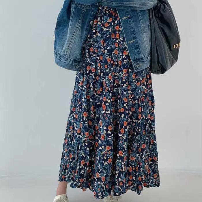 Jupe midi à imprimé floral bleu pour femme, nouvelle collection printemps-été, style décontracté, ta
