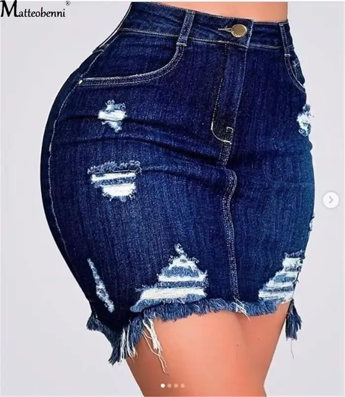 Automne femmes mode Denim jupe déchiré hanche en détresse taille haute bouton crayon jupes femme déc