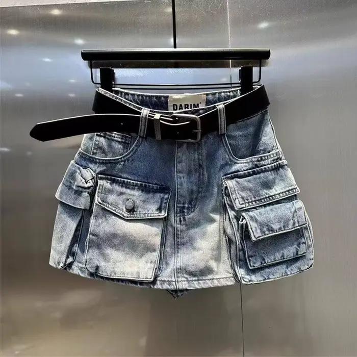 Jupe en jean cargo style américain vintage pour femme, nouvelle collection 2026, taille haute, multi