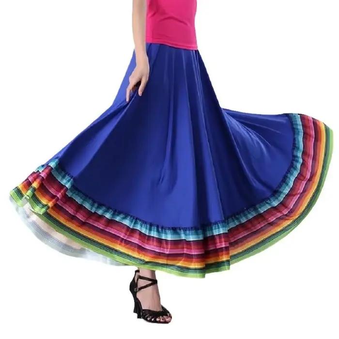 Jupe de danse longue 80 cm pour femme, grande ampleur, ourlet arc-en-ciel, taille élastique, anti-ex