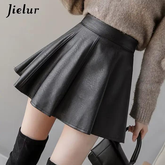 Jielur PU jupe plissée automne femmes couleur unie en cuir jupes d'hiver femmes mince taille haute S