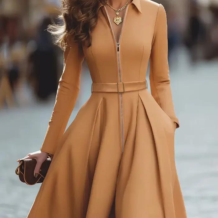 Robe midi pour femme, col chemise, couleur camel, fermeture éclair sur le devant, ceinture, coupe év
