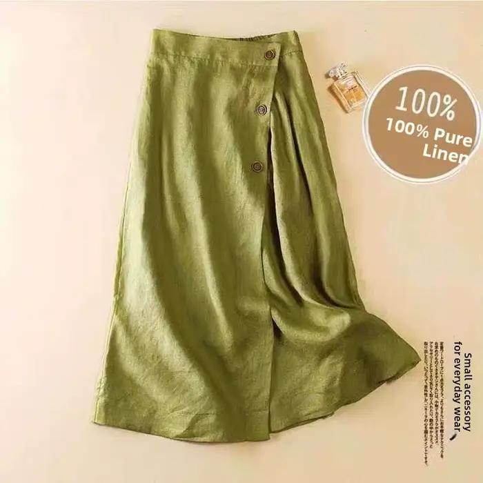 Nouvelle jupe trapèze en lin printemps-été 2026, taille élastique décontractée, longueur midi, style