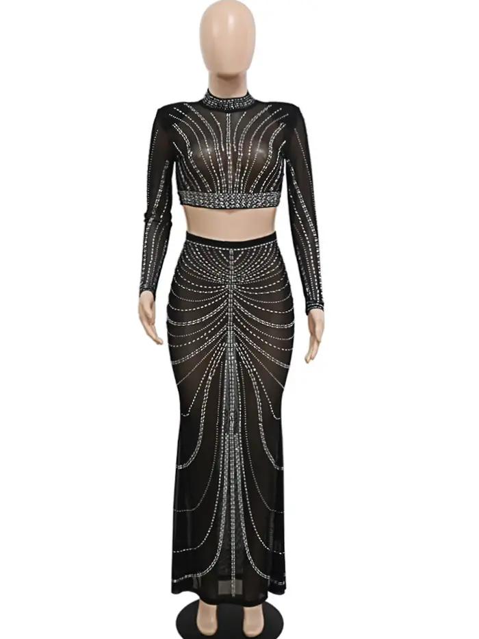 Kricesseen-Ensemble jupe transparente en cristal biscuits noir brillant pour femme, haut à manches l