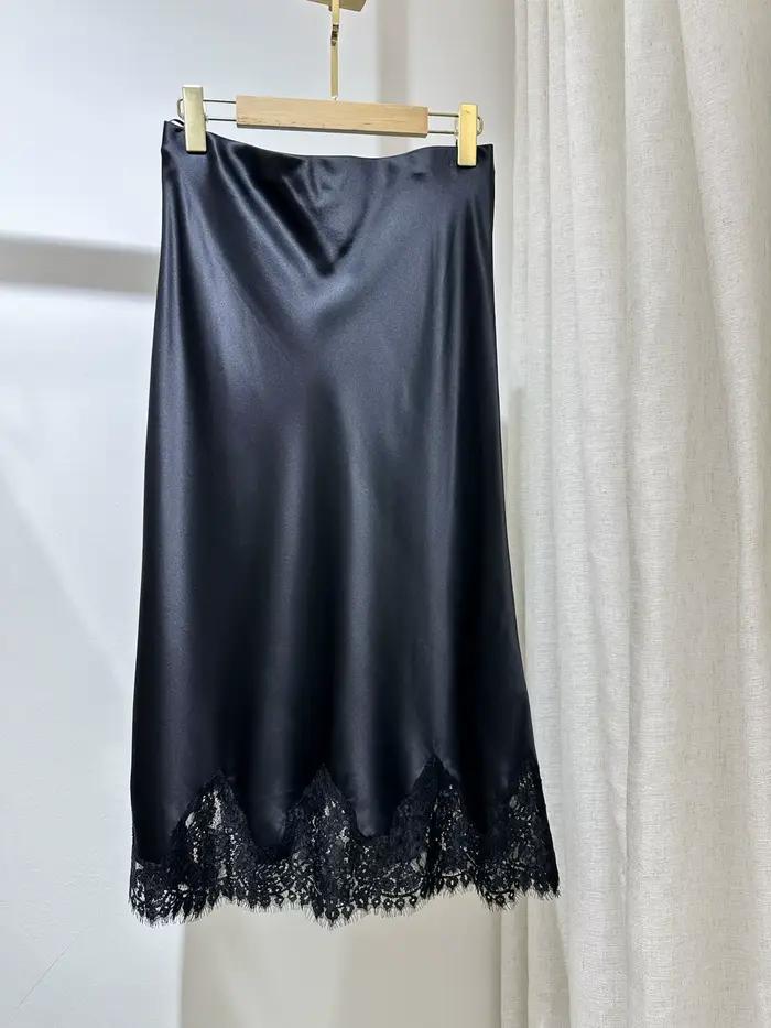 Jupe midi en satin de soie 100% pour femmes, ourlet en dentelle, taille haute, mode féminine