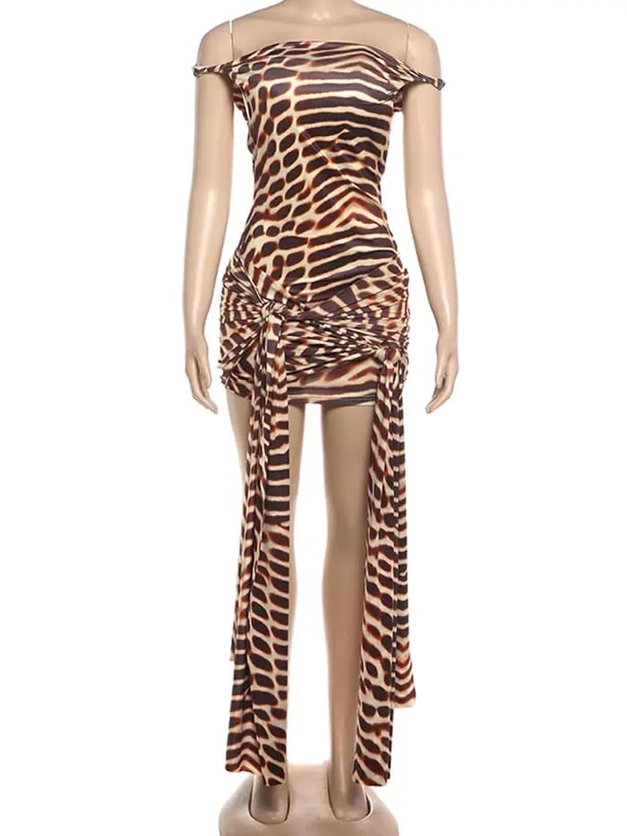 Robe imprimée à rayures tigre pour femmes, col Slash, bandes, glands, plis, Sexy, plage, fête, coque