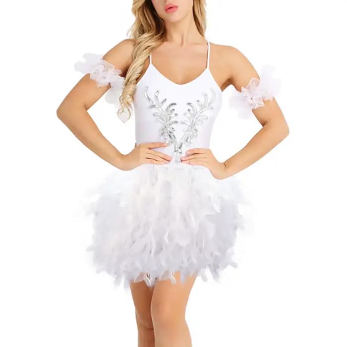 Jupe blanche bouffante en plumes pour femmes, taille haute, Costumes de danse sur scène, jupe trapèz