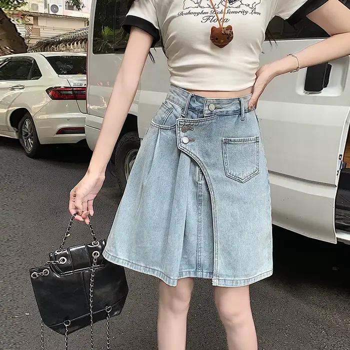 Vintage été Midi Denim jupes pour femme ample Streetwear Y2K grande taille jean jupe femmes a-ligne 