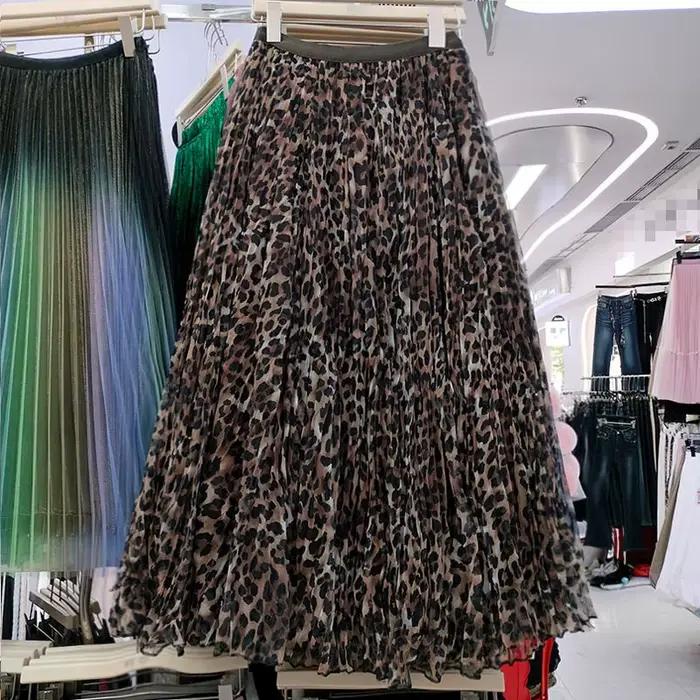 Jupe en tulle à imprimé léopard tendance, jupe plissée mi-longue taille haute, jupes mi-longues pour