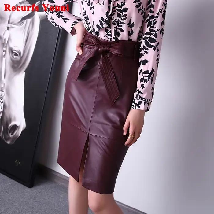 Jupe mi-longue en cuir véritable pour femme, ceinture à nœud papillon, taille client, rouge vin et v