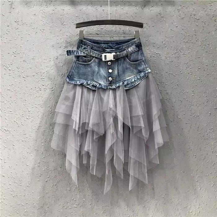 Jupe en jean taille haute cousue en tulle pour femme, coupe couvertes, style rétro, collection print