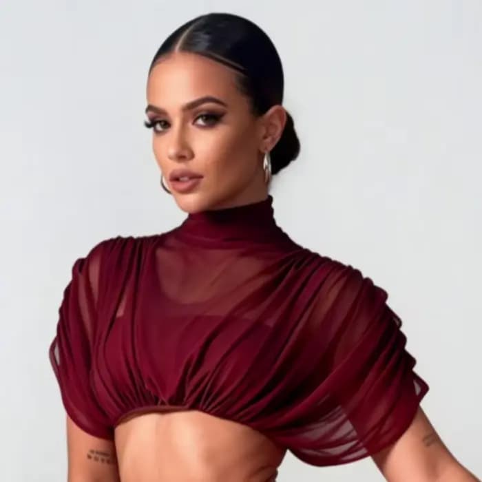 Tenue de danse latine pour femmes, haut court en maille, jupe en velours à double couche avec balein