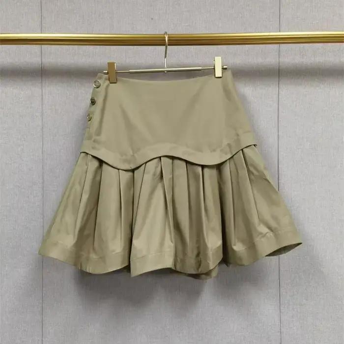 Jupe trapèze kaki taille haute à ourlet superposé, style collège, pour femme, décontractée, pour le 