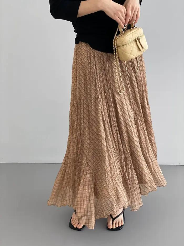Jupe à carreaux 2026 pour femme, taille élastique, polyvalente et fine, coupe trapèze