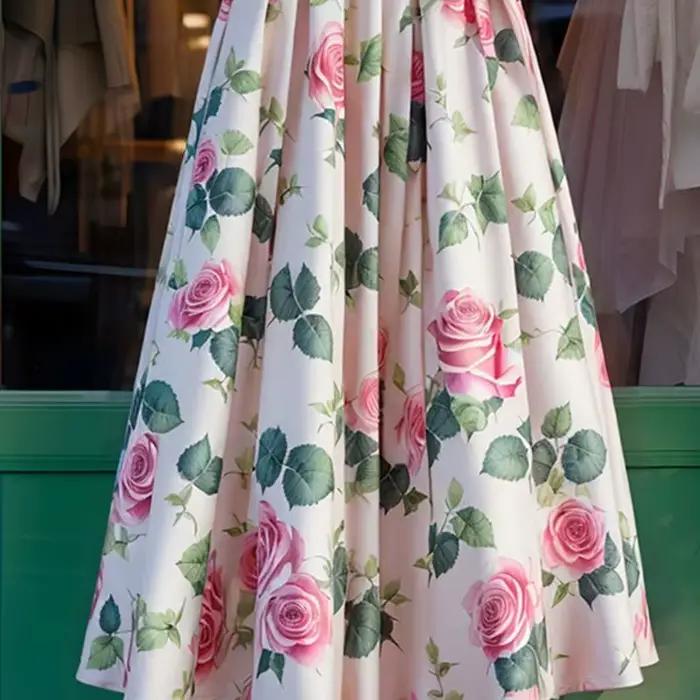 Nouvelle jupe longue imprimée roses 2026 pour femme – Printemps-Été, taille haute, amincissante, con