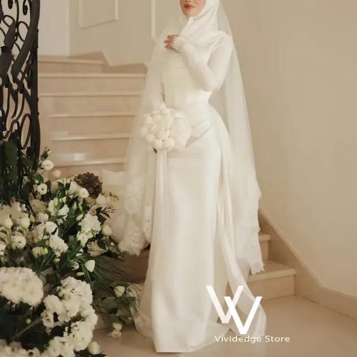 Robes de mariée musulmanes en satin blanc, dentelle, manches longues, traîne, corset, style arabe, r
