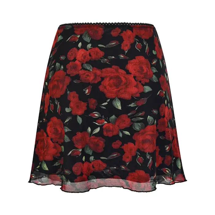 Mini jupe vintage à imprimé rose pour femme, double couche, maille, taille haute, ligne A, Harajuku,