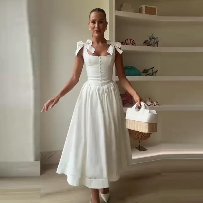 Robe longue à nœud élégant pour femmes, col carré, sans manches, dos nu, boutons, ligne a, Robes de 