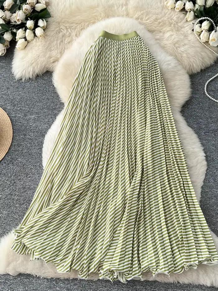 Jupe plissée rayée pour femme, coupe trapèze, taille élastique, ourlet festonné, élégante, printemps