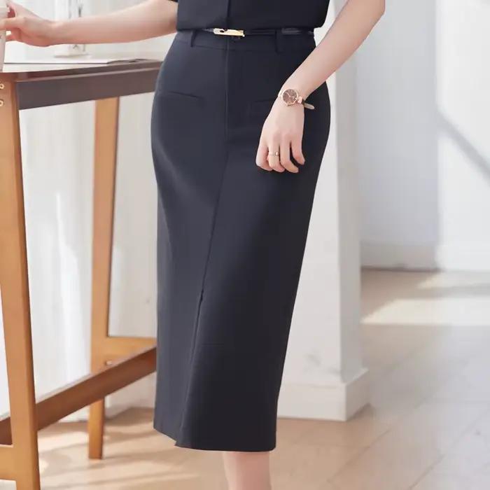 NAVIU-Jupe Midi Vintage pour Femme avec Fente Latérale, Crayon, Taille Haute, Ceintures Élégantes, M