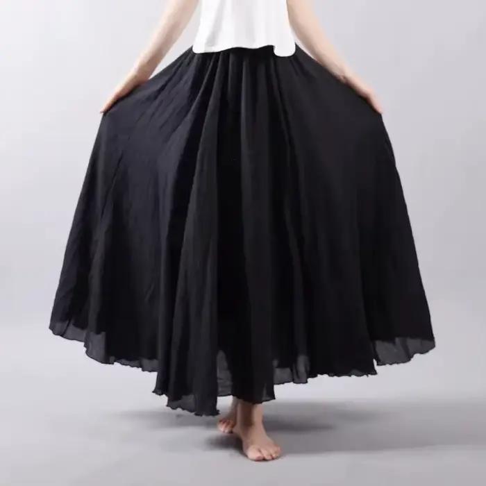 Haute qualité coton lin Maxi jupe femmes décontracté élastique taille haute plissée a-ligne jupes de