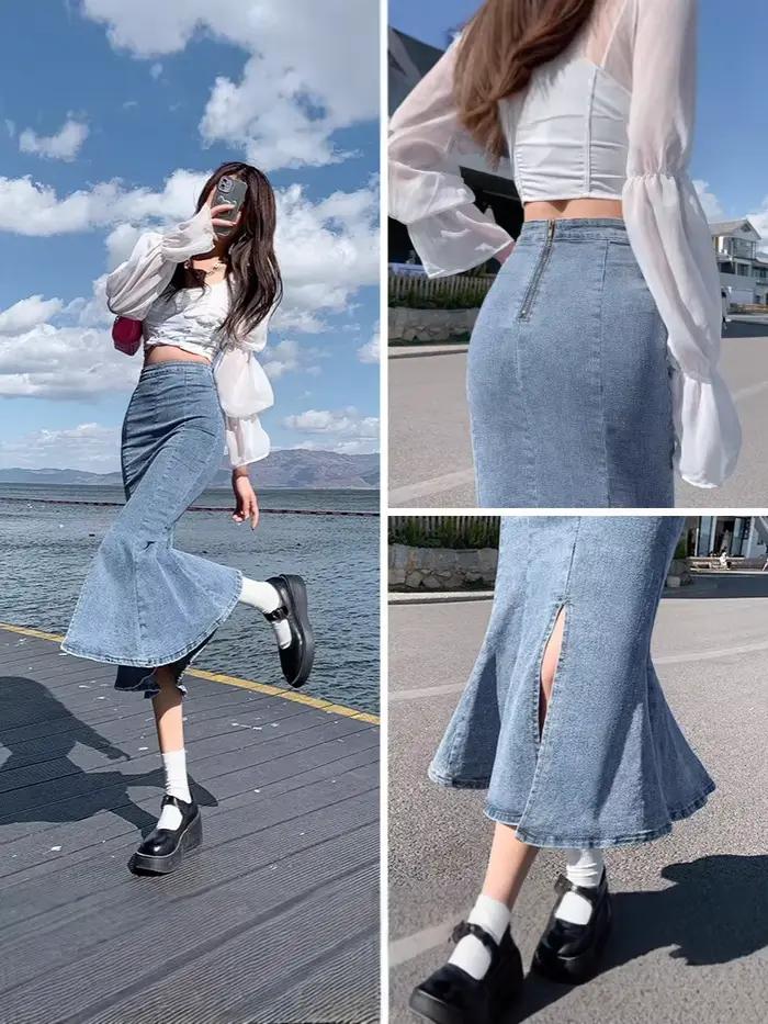 Jupe en jean mi-longue pour femme, nouvelle collection printemps-été, design asymétrique, jupe queue