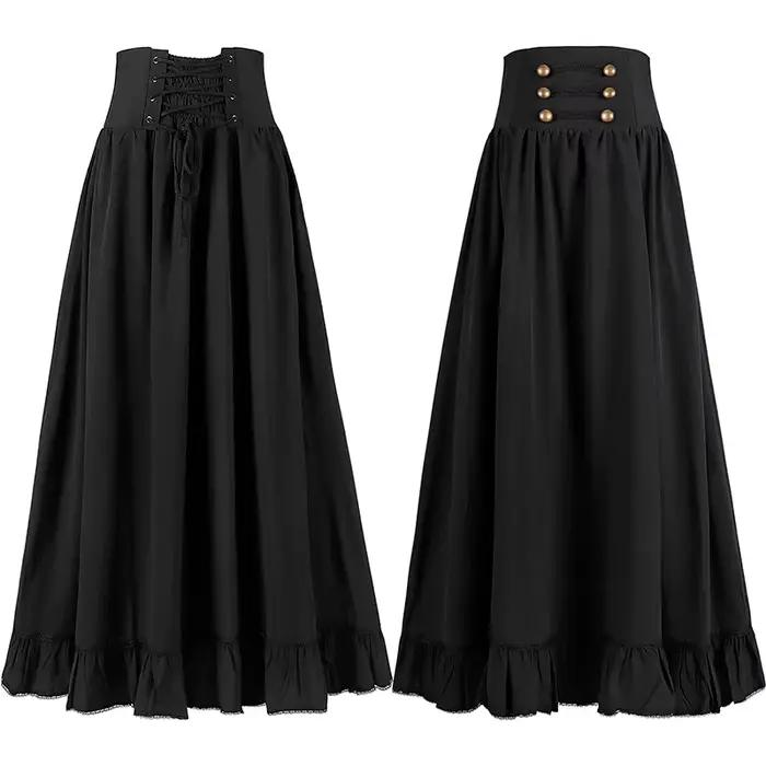 Jupe maxi victorienne pour femme, vintage Renaissance, taille haute, ourlet à volants, corset trapèz