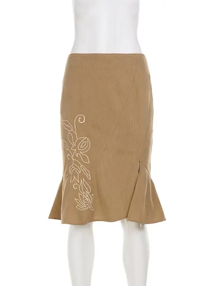 Jupe Midi Vintage Femme Trendix 2026 – Jupe Sirène Élégante à Volants Taille Haute et Broderies, Fen