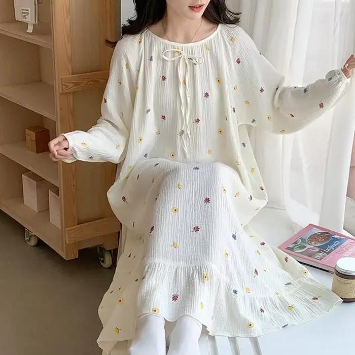 Robe en mousseline 100% coton pour femmes, manches longues, boutonnée, imprimée, mode décontractée c