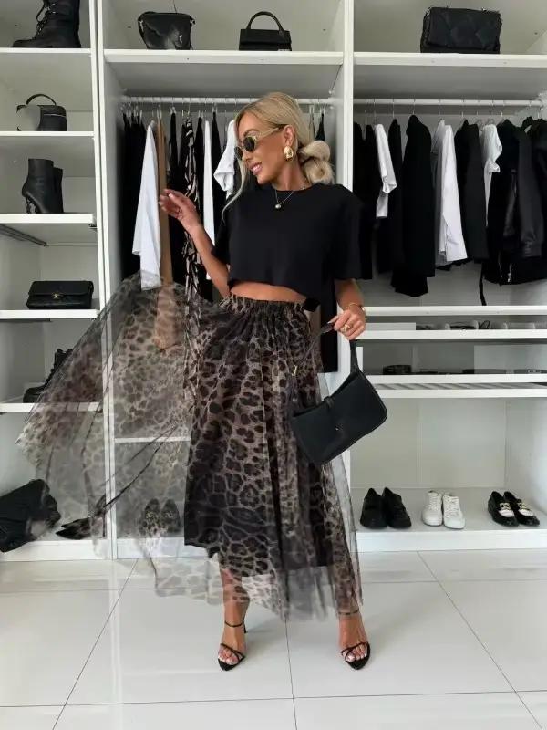 Jupe imprimée léopard pour femmes, avec taille élastique et grande maille pivotante, Sexy, polyvalen