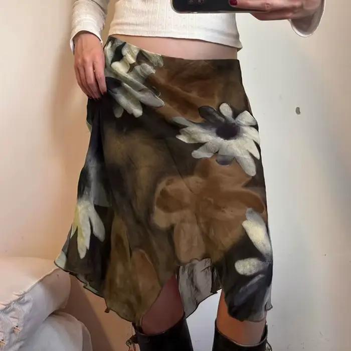 Jupe midi florale vintage MEXZT pour femme, style Y2K Harajuku, en maille asymétrique, sexy, design 