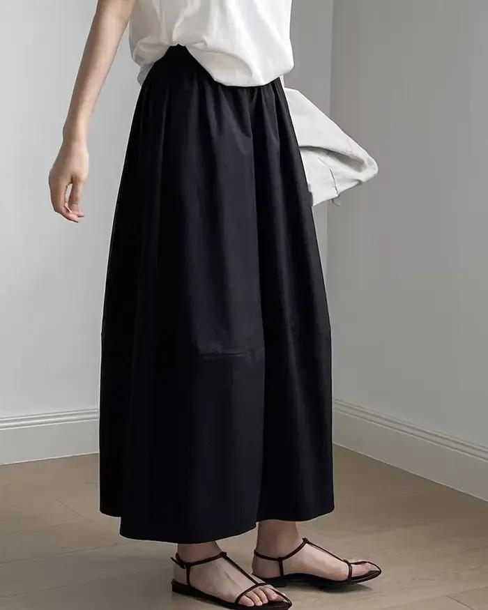 Jupe longue évasée taille haute pour femme, coupe ample, taille élastique, couleur unie blanche, sty