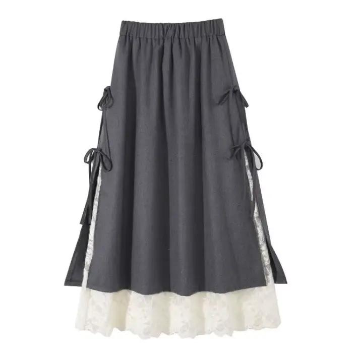 Mori Girl Style Vintage gris dentelle nœud Tweed Maxi jupe automne hiver mode Simple taille haute a-
