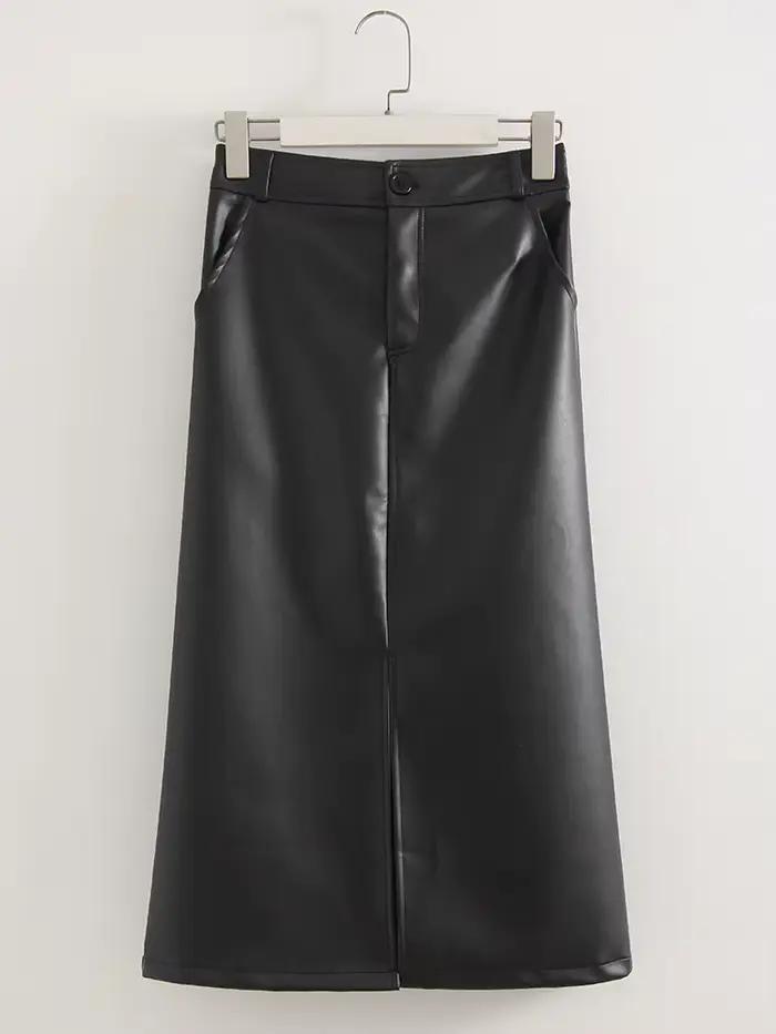 Jupes longues en cuir pour femmes marron haute qualité PU Midi jupe moulante avant fendu taille haut