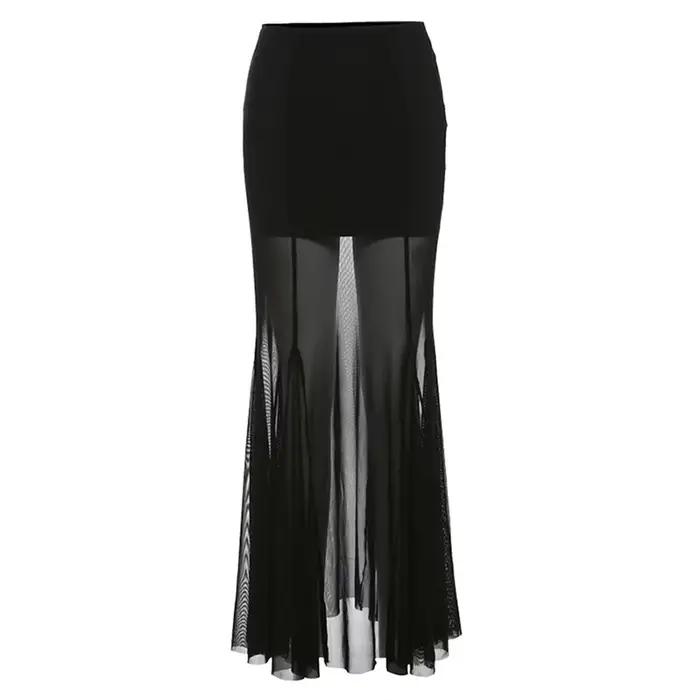 Jupes longues en maille noire pour femmes, transparentes, patchwork, taille haute, hanche ronde, CoA