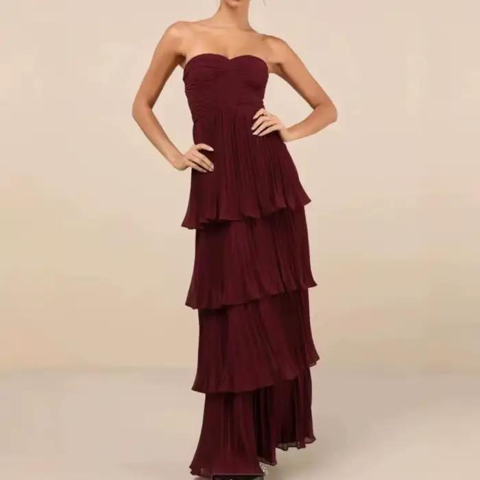 Robe de Soirée Élégante et Chic pour Femme, Couleur Unie, Bustier, Plissée Superposée, Sexy, Nouvell