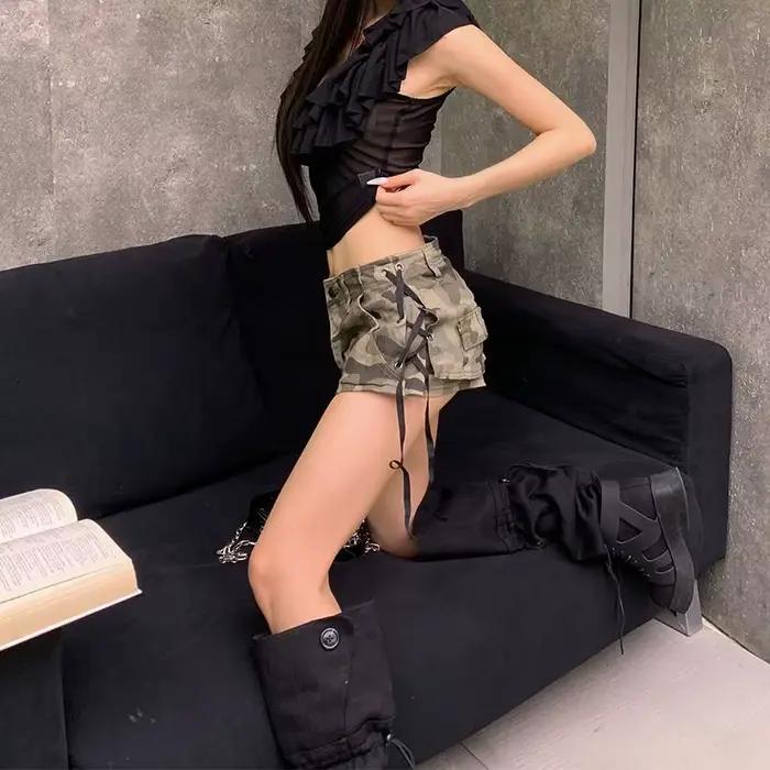 Mini-jupe en jean camouflage grande taille pour femme, sexy, taille basse, coupe trapèze, style pant