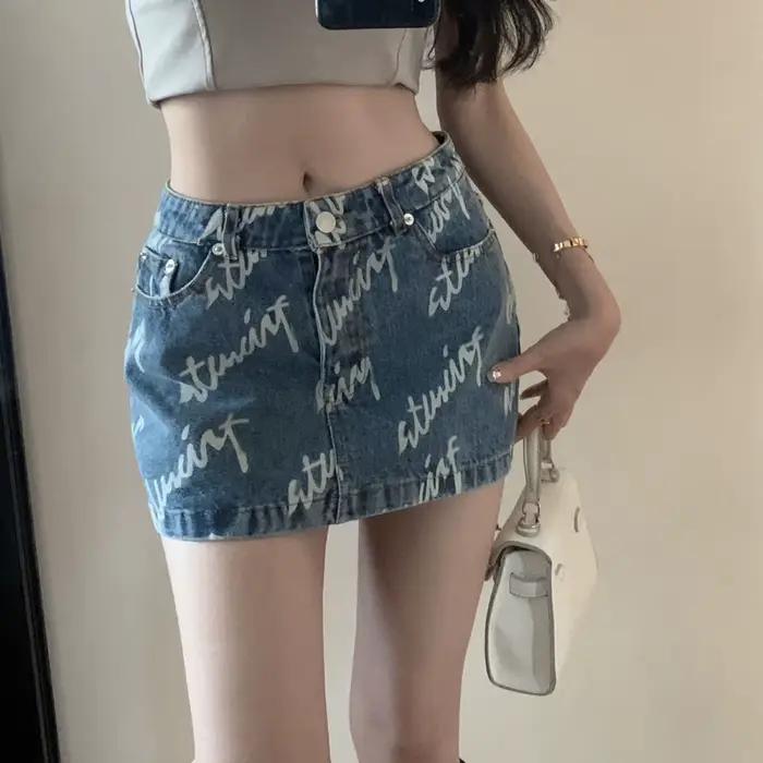 Jupes en jean pour femmes, lettre courte, jupe en jean, Sexy, Gyaru, taille haute, mode coréenne Y2k