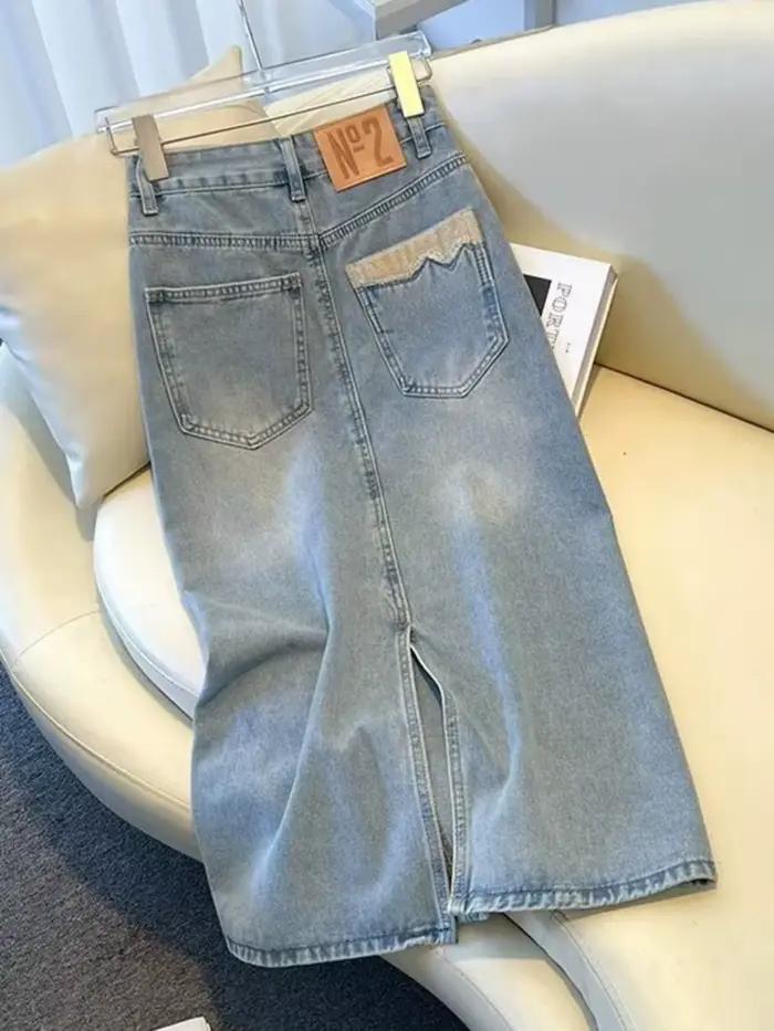 Jupe midi en jean taille haute pour femme, délavage bleu clair, broderie contrastante, poches, fente
