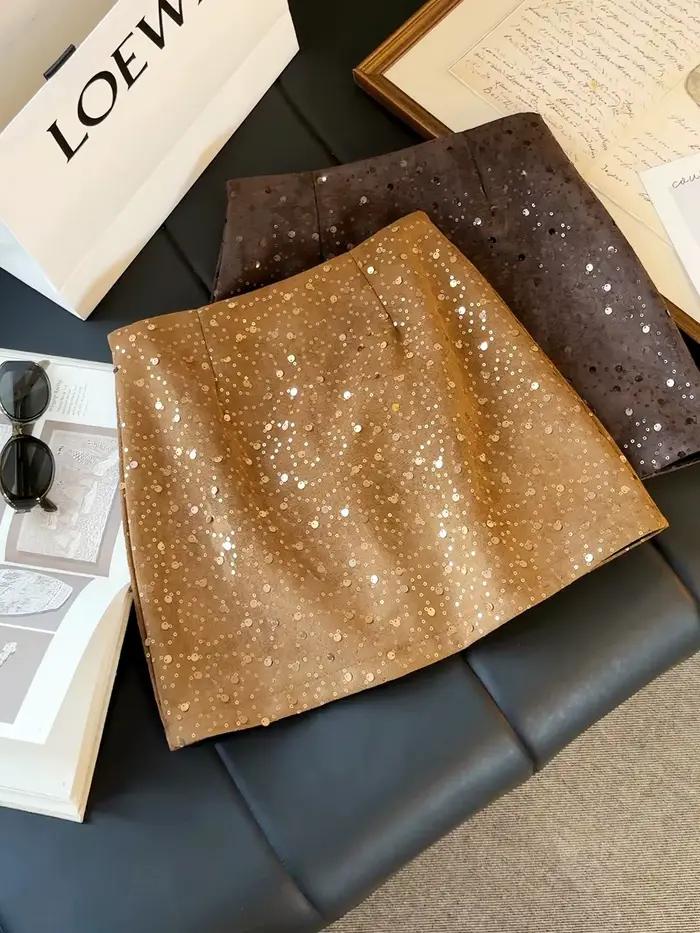 Jupe sexy en suède à sequins pour femme, nouvelle collection automne, taille haute, coupe trapèze, e