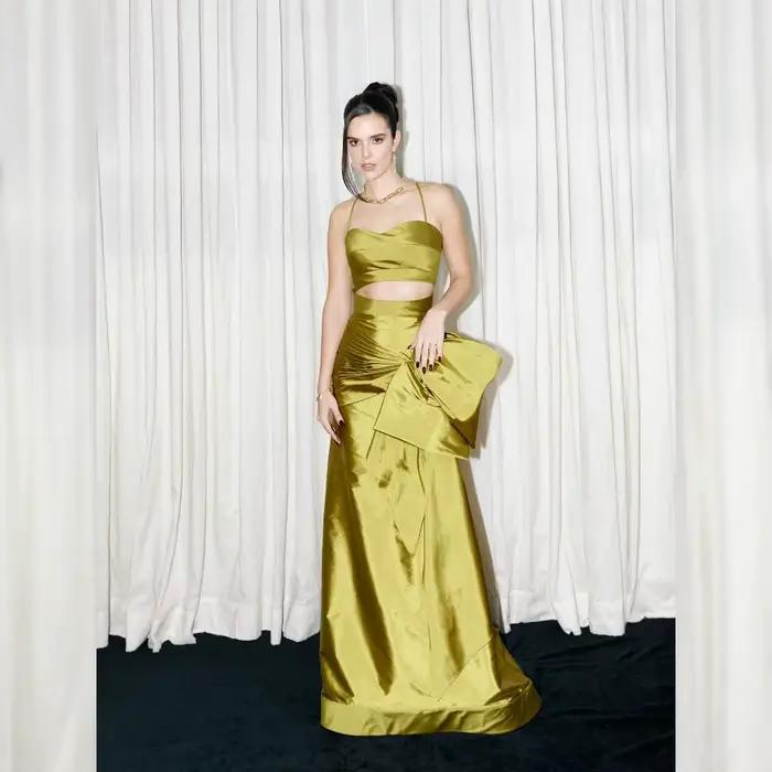 Jupe longue en Satin vert Olive, taille haute, nœud asymétrique, queue de poisson, robe de soirée fo