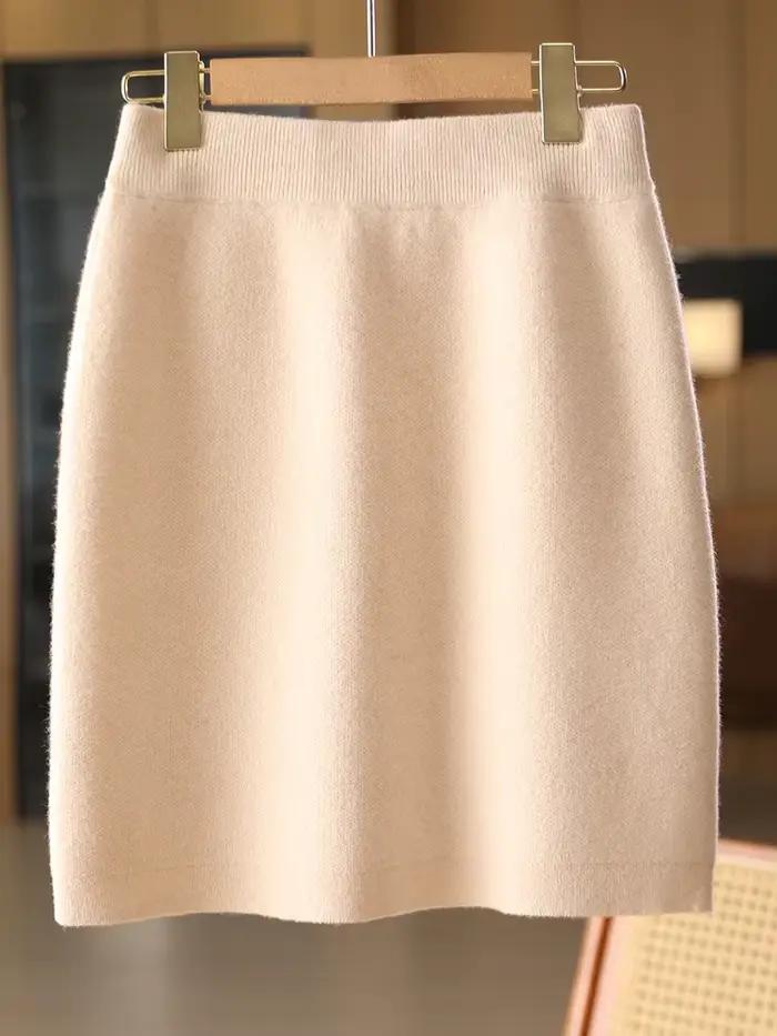 Femmes laine jupes automne hiver bureau dame Mini jupe cintrée taille élastique 100% laine mérinos t
